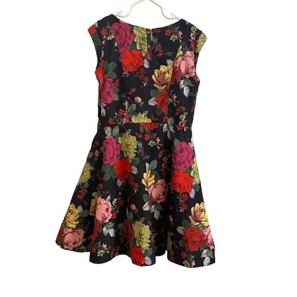 Baker by Ted Baker Black Floral Roses Fit & Flare Satin Sleeveless Dress Size 8 - Picture 2 of 6